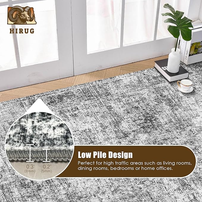 Washable Area Rug 4' x 6' Vintage Traditional Persian Mat - Foldable Distressed Non-Slip Machine Washable Carpet for Living Room Bedroom Kitchen Home Decor - Graphite and Mist