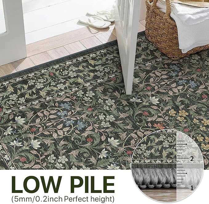 Bavni 6x9 Area Rugs for Living Room, Floral Rug Machine Washable Non Slip, Vintage Boho Forest Carpet, Soft Low Pile Thin Lightweight Rugs for Bedroom, Farmhouse, Dining Room Office, Emerald Green