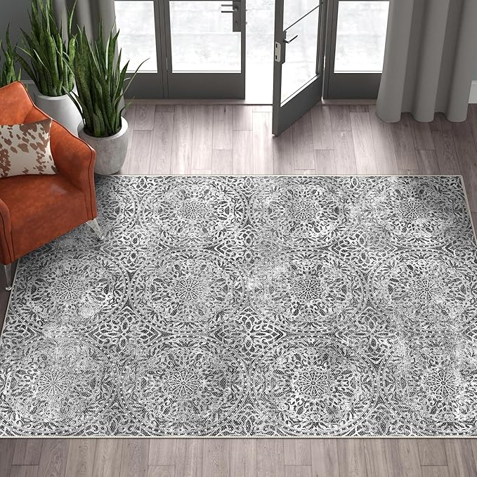 vivorug 8x10 Area Rugs for Living Room, Non-Slip Backing Washable Grey Rug 8x10, Large Area Rug Soft Carpet for Bedroom Dining Room, Vintage, Easy Clean, Durable, Low Pile Rug Under Table