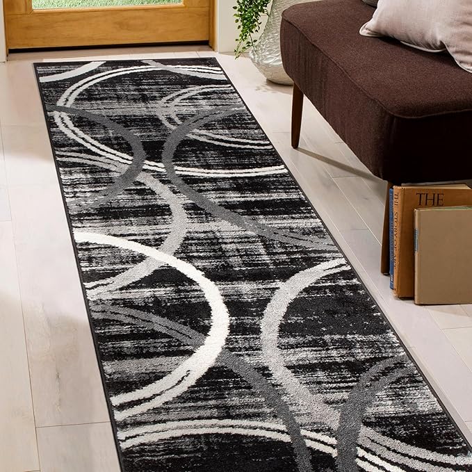 Rugshop Modern Wavy Circles Design Runner Rug, Non-Shedding Carpet for Hallway, Entryway, or Kitchen, Black, 2' x 7'2"