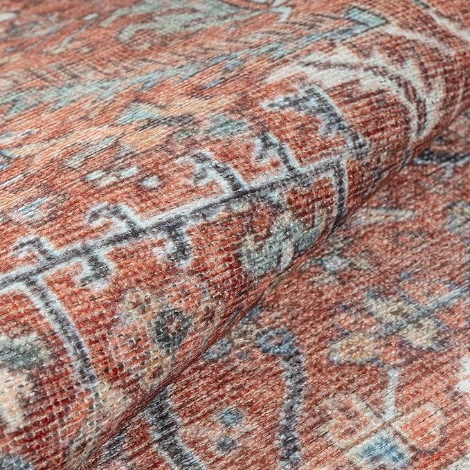 GLN Rugs Traditional Collection - Machine Washable Area Rug, Traditional Washable, Non Slip, Low Pile Chenille Rug, Living Room, Bedroom, Kitchen Rug (2'6" x 10' Terra/Multicolor 1168)