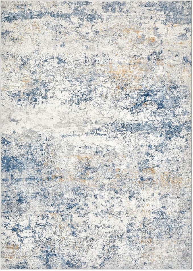 Area Rug Living Room Rugs - 8x10 Abstract Large Soft Indoor Washable Rug Neutral Modern Low Pile Carpet for Bedroom Dining Room Farmhouse Home Office - Blue
