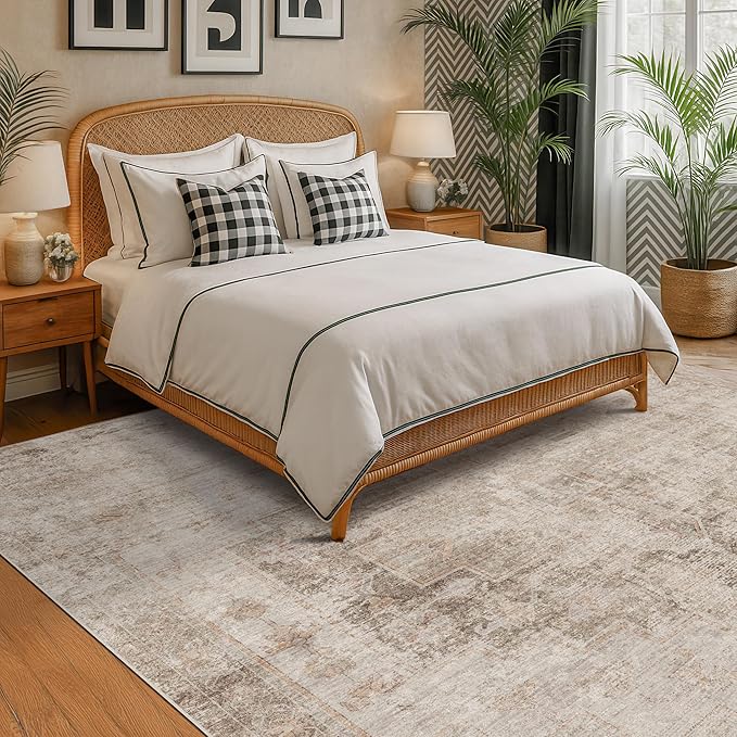 Neutral Living Room Rug - 10x14 Farmhouse Beige Brown Large Area Rug for Dining Room, Bedroom, Low Pile Lightweight Washable