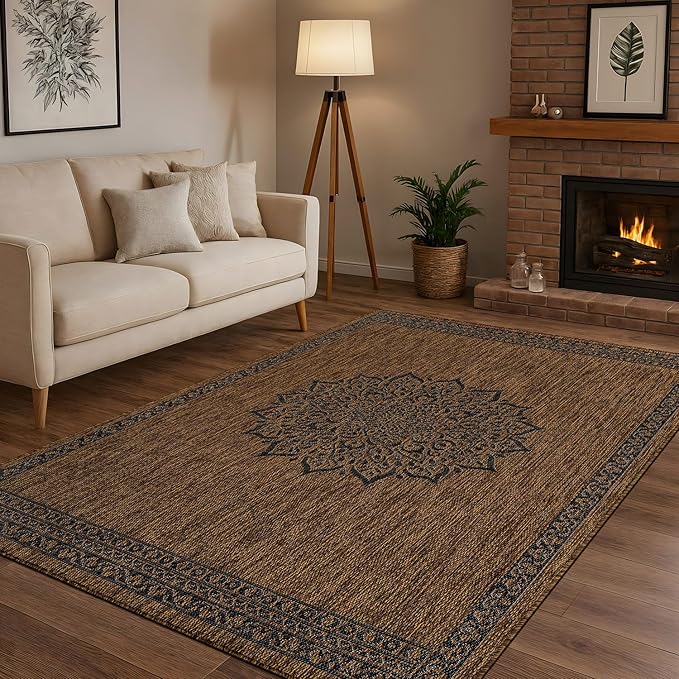 CAMILSON Outdoor Rug 5x7 Medallion Gold Modern Area Rugs for Indoor and Outdoor Patios Kitchen and Hallway Mats Washable Porch Deck Outside Carpet (Medallion Gold 5 x 7)