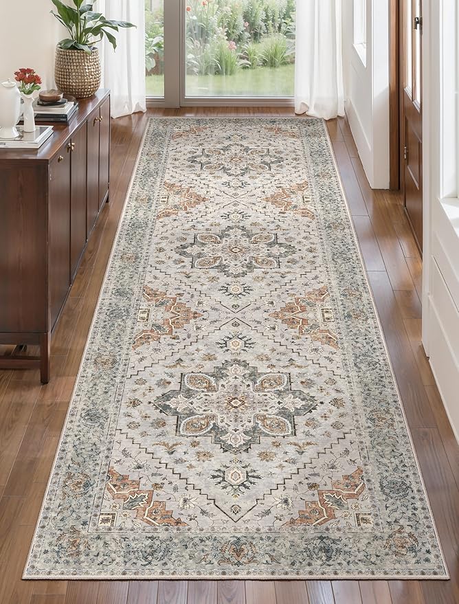 Tangsoo 3x8 Runner Rug for Hallway Long Washable Hallway Runner Rugs, Non Slip Vintage Soft Low Pile Rug Runner, Indoor 8ft Carpet Runners for Kitchen Bedroom Entryway Living Room Grey/Cream