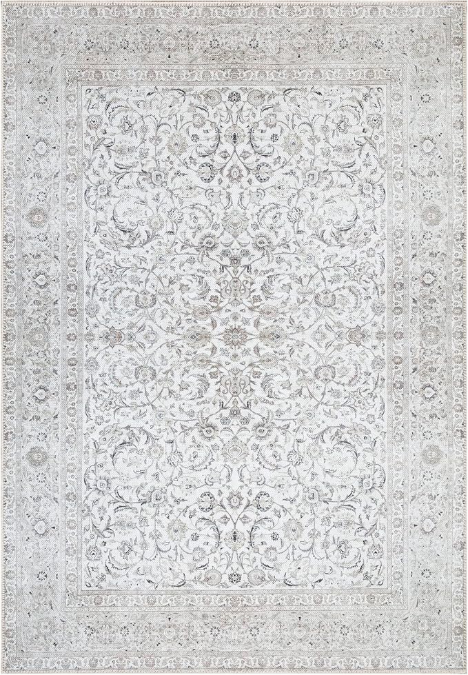 Bloom Rugs Washable Non-Slip 5' x 7' Rug - Beige/Off White Traditional Bordered Area Rug for Living Room, Bedroom, Dining Room, and Kitchen - Exact Size: 5' x 7'