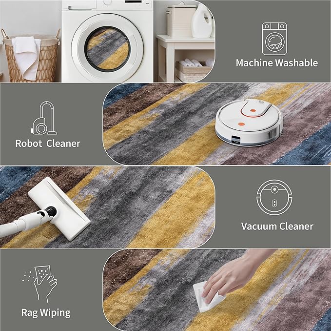 Ciicool Modern Abstract Yellow Grey Rug for Living Room, 9'x12' Machine Washable Area Rug Non-Slip Rug, Low-Pile Contemporary Indoor Dining Floor Carpet for Bedroom Office Under Table Home Decor