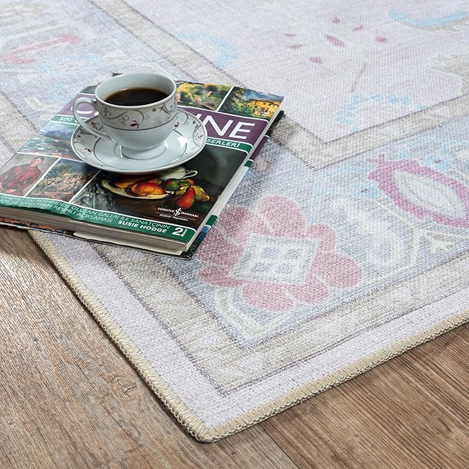 Pink Oushak Rug, Modern, Vintage, Turkish, Eclectic, Floral, Pastel, Washable, Extra Large Area Rugs for Living Room, Dining, Bedroom, Lounge, 9'x12'