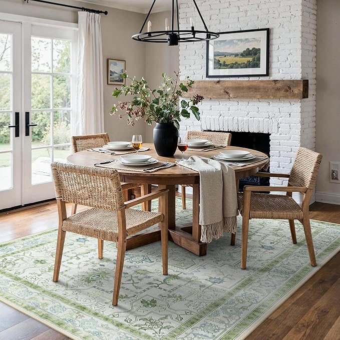 5x7 Area Rugs for Living Room, Machine Washable Rug, Non Slip Vintage Rugs, Low Pile Lightweight Print Rug for Bedroom, Dining Room, Home Office, Cream Green
