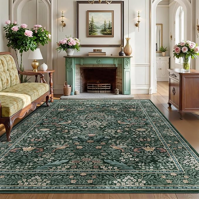 5x7 Floral Washable Area Rug for Living Room, Vintage Boho Rugs for Bedroom Dining Room, Botanical Birds Non Slip Low Pile Forest Throw Carpet for Farmhouse Office, Retro Green/Blue