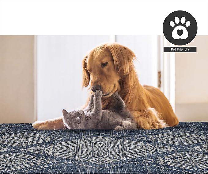 FH Home Outdoor Rug - Waterproof Easy to Clean Stain Resistant - Patio Indoor Outdoor Porch Deck Balcony Entryway - Boho Moroccan - Ariana - Blue - 5ft 2in x 7ft 6in