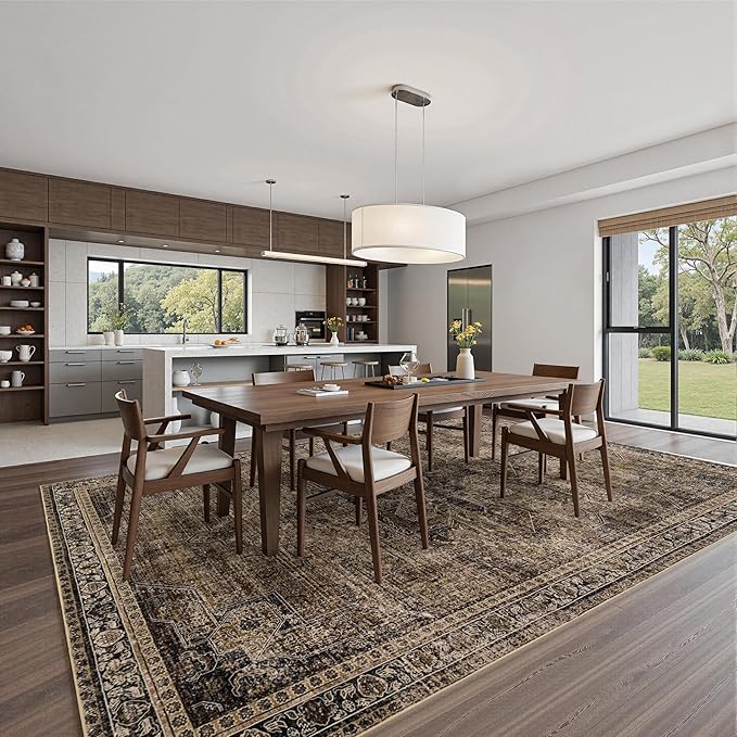 4x6 Washable Area Rug for Living Room, Carpet for Bedroom, Soft Faux Wool Retro Dining Room Rug, Non Slip&Non-Shedding Resistant Low Pile Vintage Print Rug for Home Office (Brown1)