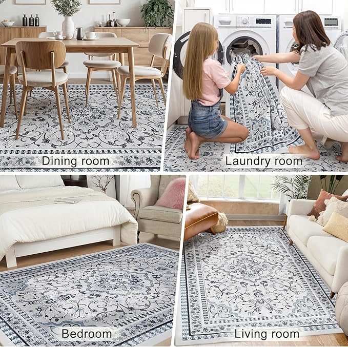 Luxury 5' x 7' Blue Washable Area Rugs, Boho Low Pile Easy Clean Non-Slip Rug, Floral Medallion Pattern Vintage Rugs for Living Room, Dinning Room, Office, Bedroom, Bathroom, Laundry Room, Farmhouse