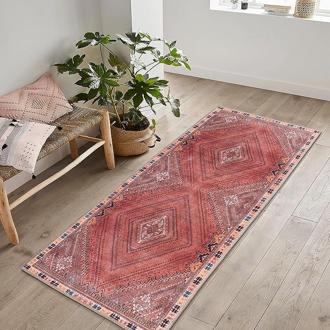 Bloom Rugs Washable Non-Slip 10 ft Runner - Red/Multicolor Traditional Bordered Runner for Entryway, Hallway, Bathroom, and Kitchen - Exact Size: 2.5' x 10'
