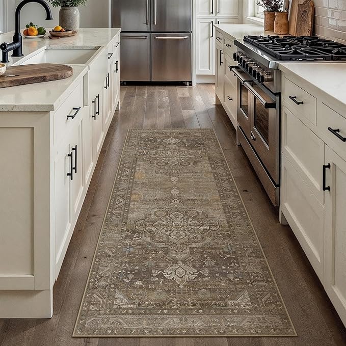 2x6 Brown Washable Vintage Runner Rug for Living Room Bedroom Non Slip Distressed Traditional Soft Runner Rug Low Pile Lightweight Floral Runner Kitchen Hallway Entrance