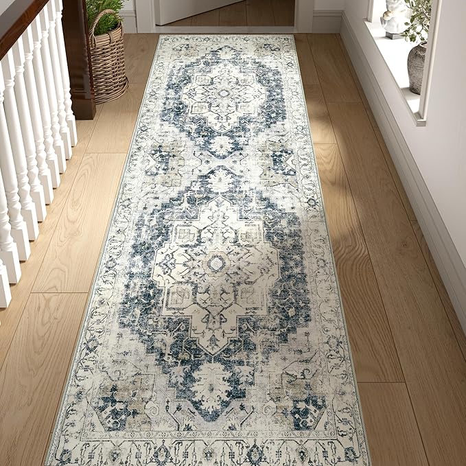 jinchan Kelda Runner Rug 3x7 Washable Rug Soft Hallway Runner Indoor Vintage Print Floor Cover Retro Distressed Lightweight Non-Slip Thin Carpet for Bathroom Kitchen Living Room Bedroom Grey