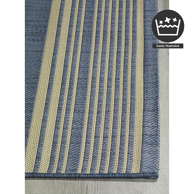 FH Home Outdoor Rug - Waterproof Easy to Clean Stain Resistant - Patio Indoor Outdoor Porch Deck Balcony Entryway - Striped Coastal - Newport - Blue - 5ft 2in x 7ft 6in