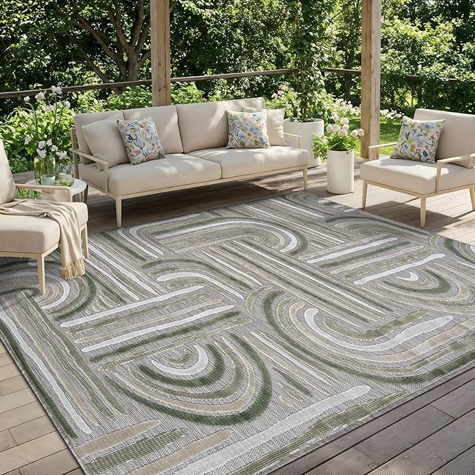 CAMILSON Indoor Outdoor Rug, Beige 8x10 Geometric Arch Striped Area Rugs for Patio and Home Areas, Easy-Cleaning Non-Shedding Living Room, Garden and Deck Washable Outside Carpet (8 x 10)