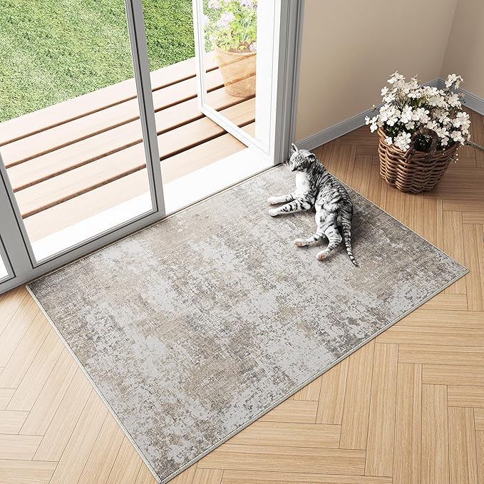 Modern Abstract Beige Gray Area Rug 2x3 Entryway Door Mat Machine Washable Bathroom Throw Carpet Kitchen Indoor Low Pile Non Slip Distressed Laundry Living Dining Room Bedroom Office