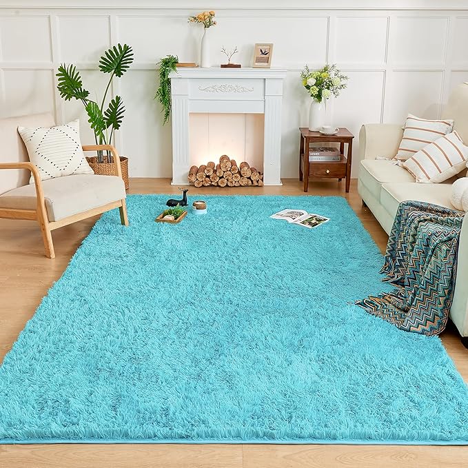 Andency 8x10 Area Rugs for Living Room, Blue Non-Slip Fluffy Soft Large Shag Bedroom Carpet, Big Indoor Thick Nursery Rug for Kids Dorm Home Decor Aesthetic