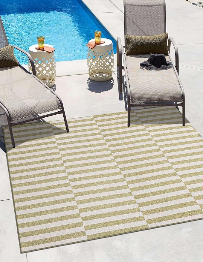 Unique Loom Outdoor Striped Collection Area Rug - Striped (12' Square Green/Ivory)