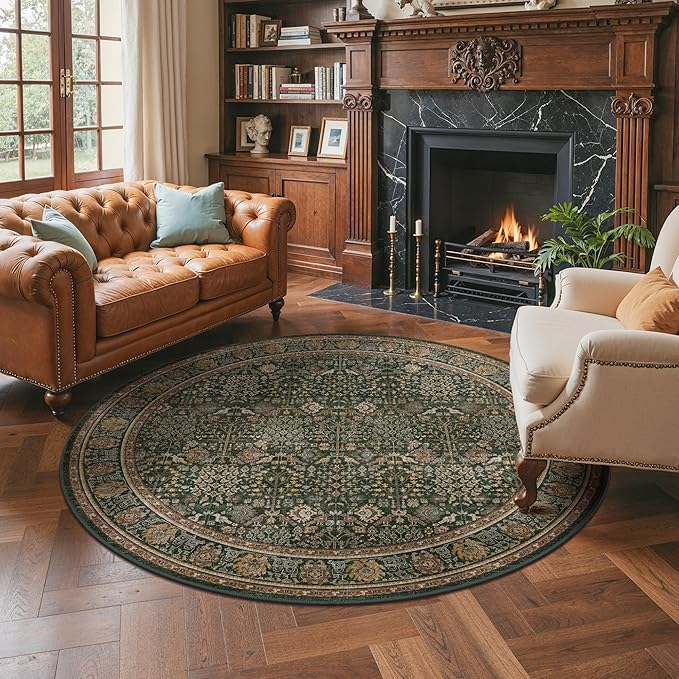 Bavni Round Rug 6ft-Machine Washable Area Rugs Non-Slip for Bedroom, 6x6 Vintage Floral Rug Distressed Throw Carpet for Living Room Nursery Kitchen Bathroom, Dark Green/Multi