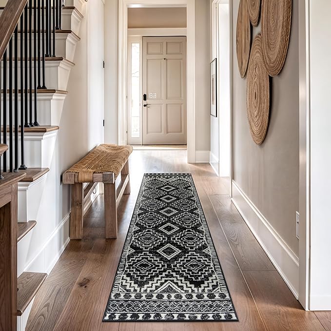 Rugshop Southwestern Black and White Tribal Area Rug – Geometric Diamond Pattern Carpet for Living Room, Bedroom, or Entryway – Boho Rustic Soft Floor Decor 2' 3" x 12' Runner Black