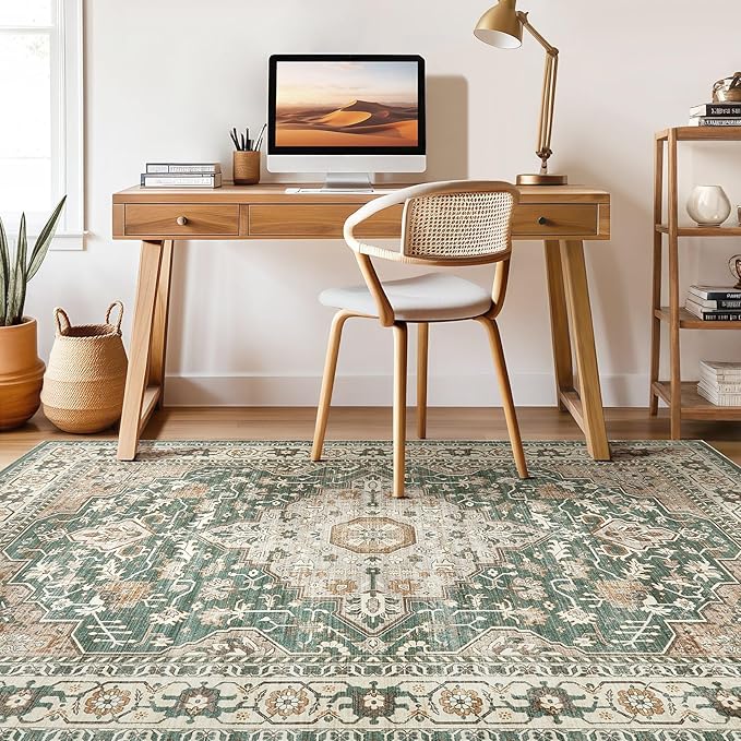 9x12 Area Rug Living Room: Machine Washable Boho Large Vintage Soft Rugs Stain Resistant Farmhouse Oriental Non Slip Indoor Floor Carpet for Bedroom Nursery Kids Playroom Office Dining Room- Green