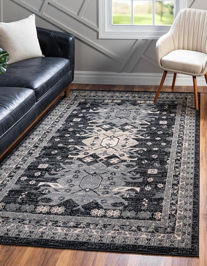 Unique Loom Taftan Collection Border Geometric Tribal Inspired Design Area Rug (9' 10 x 13' 0 Rectangular, Black/ Gray)