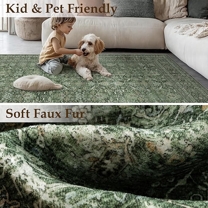 Area Rug 5x7 Green Washable Living Room Carpet Soft Non Slip Vintage Bedroom Indoor Office Traditional Retro Distressed Thicker Throw Large Rug for Dining Room Bathroom Kitchen