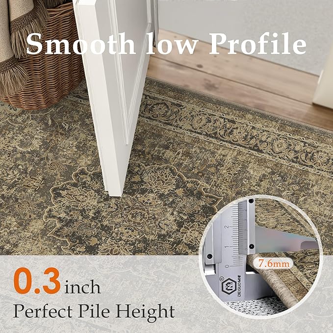6x9 Brown Washable Vintage Area Rug for Living Room Bedroom Soft Tranditional Non Slip Large Throw Rug Lightweight Floral Low Pile Distressed Carpet Office Playroom Dining Laundry Room
