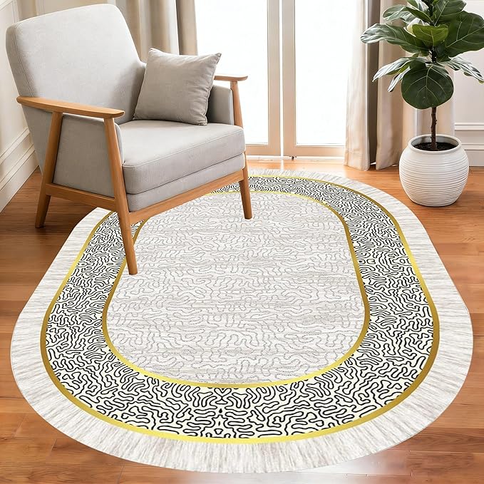 Off White Black Gold Indoor Rugs Modern Minimalist Abstract Geometric Pattern Home Office Area Rug 10x14 for Livingroom Bedroom Dining Room Soft Durable Non Skid Carpet Under Table Bordered Floor Mat