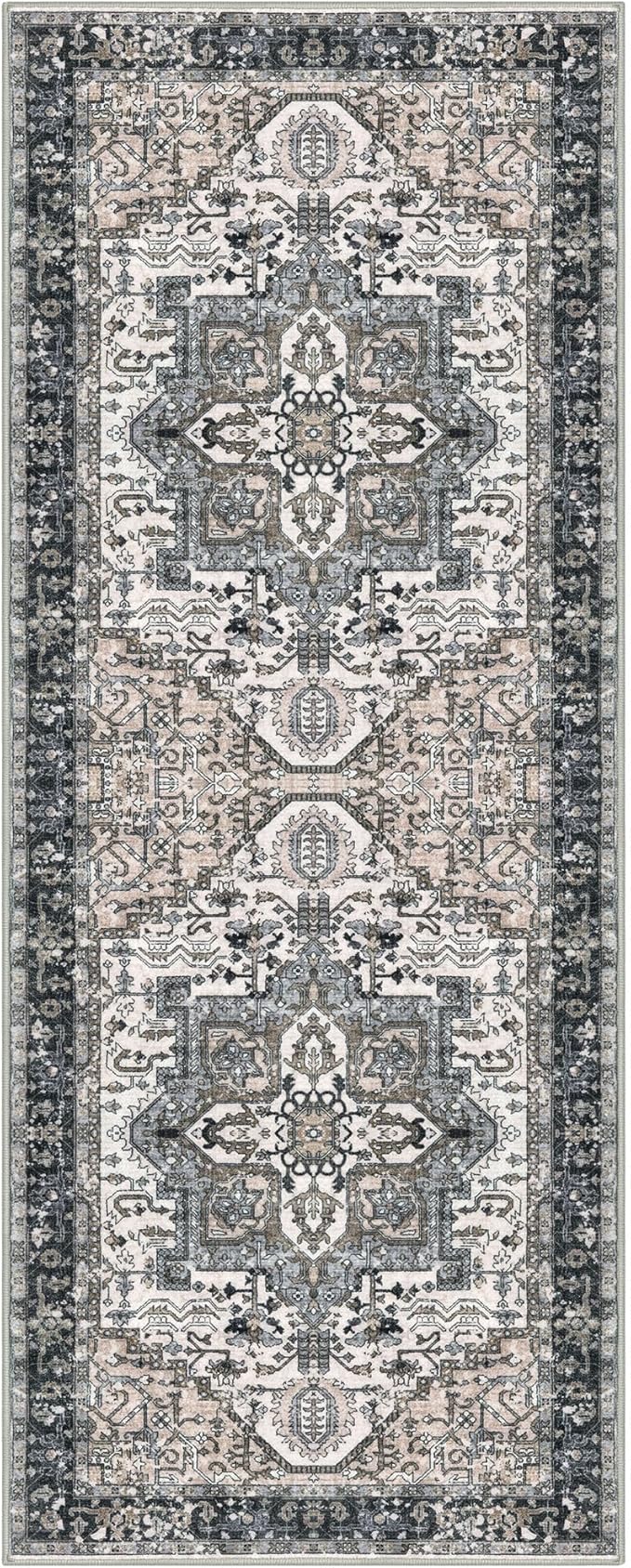 KOZYFLY Runners for Hallways 2x6 Ft Washable Kitchen Runner Rug Boho Runner Rug for Entryway Indoor Printed Oriental Faux Wool Floor Carpet Runner for Bedroom Kitchen Hall, Black/Taupe/Beige