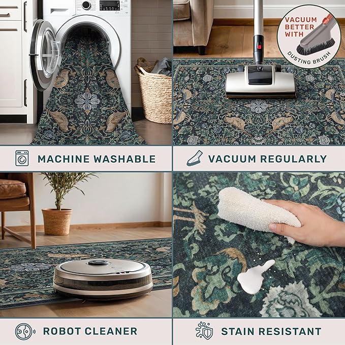 Boho Vintage 2'6"x8' 8ft Hallyway Long Runner Rug - Non Slip Washable Front Door Rug Indoor Entrance, Kitchen, Bathroom, Low Pile & Soft Woodland Floral Kitchen Floor Mats