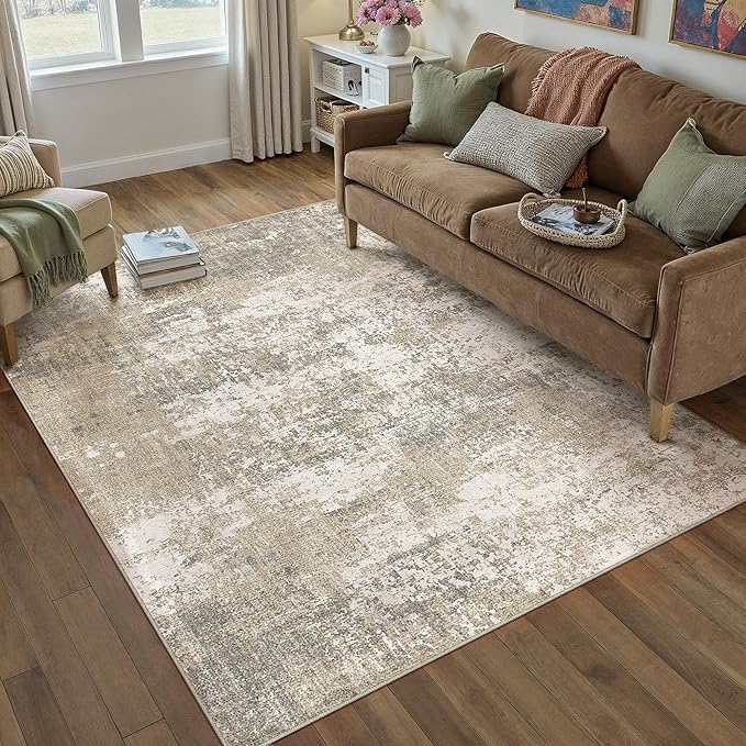Beige Area Rug 3x5 Machine Washable Modern Abstract Office Carpet Neutral Non Slip Indoor Entry Low Pile Soft Non Shedding Small Mat Bedroom Throw Rug for Kitchen Laundry Dining Room