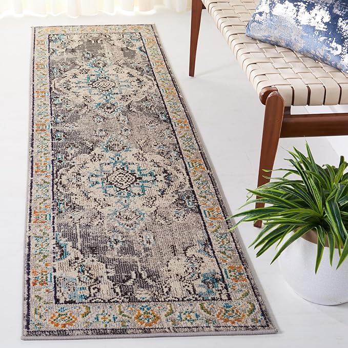 SAFAVIEH Monaco Collection Runner Rug - 2'2" x 14', Grey & Light Blue, Boho Chic Medallion Distressed Design, Non-Shedding & Easy Care, Ideal for High Traffic Areas in Living Room, Bedroom (MNC243G)