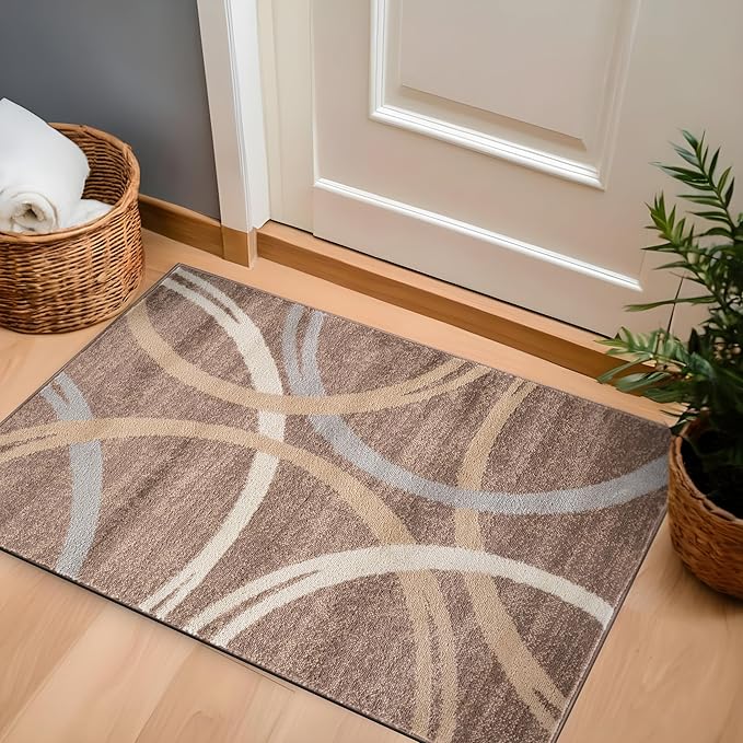 Rugshop Modern Wavy Circles Design Accent Rug, Fade-Resistant Carpet for Entryway, Bathroom, or Small Spaces, Brown, 2'7" x 4'