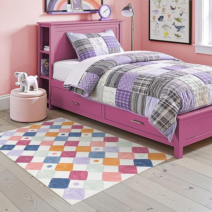 jinchan Macy Area Rug 4x6 Kids Washable Indoor Floor Cover Non-Slip Modern Soft Rug Elementary School Classroom Colorful Diamond Carpet for Nursery Playroom Daycare Living Room Berries on Cream