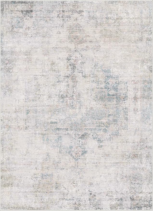 Low Pile Office Rugs for Rolling Chairs - 5x7 Abstract Rugs for Living Room, Large Entryway, Cream Slate Blue Decor, Non Slip with Rubber Backed & Stain Resistant