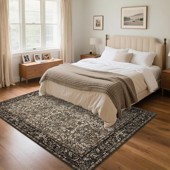 Washable Living Room Rug: 6x9 Boho Floral Soft Area Rug for Bedroom Decor - Vintage Low Pile Thin Carpet for Dining Room Non-Slip - Farmhouse Stain Resistant Rugs - Dark Brown