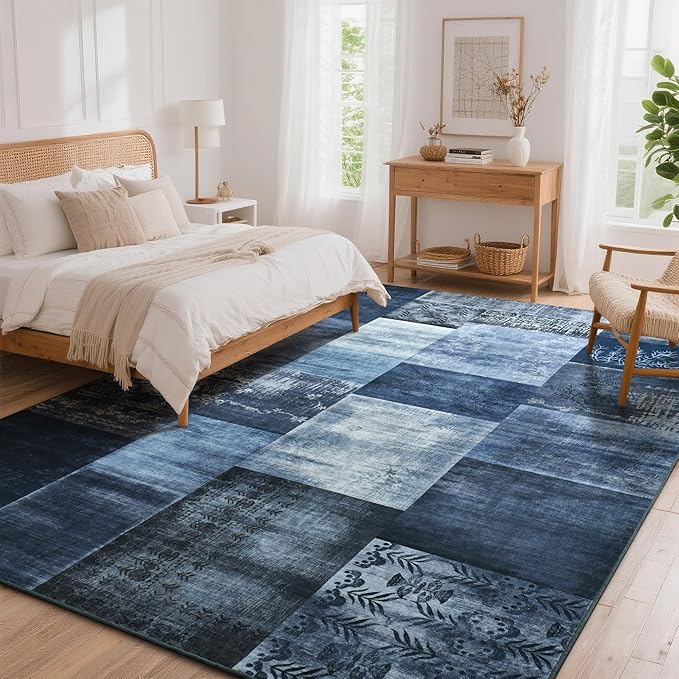 Tepook Modern Area Rug for Living Room, 8x10 Geometric Large Rugs for Bedroom, Washable Patchwork Rug Indoor Non-Slip Throw Carpets for Dining Room Office Farmhouse Home Decor, Blue