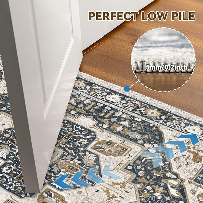 EnHomee 5x7 Area Rugs Washable for Bedroom, Boho Vintage Rugs, Foldable Area Rug for Dining Room, Non-Slip Soft Living Room Rug, Low Pile Large Carpet for Bathroom, Blue and Brown