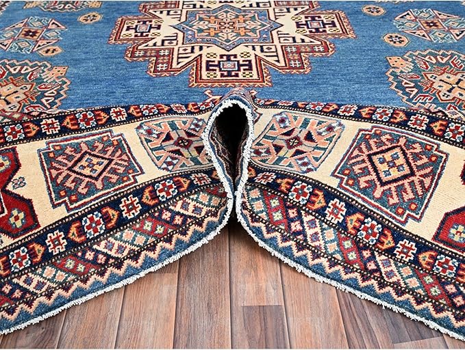 Cerulean Blue Special Kazak with All Over Pattern Natural Dyes Pure Wool Hand Knotted Oriental Densely Woven Rug(9'x11'8")