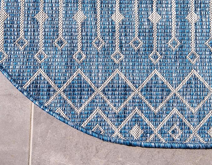 Unique Loom Outdoor Trellis Collection Area Rug - Tribal Trellis (8' Round, Blue/ Ivory)