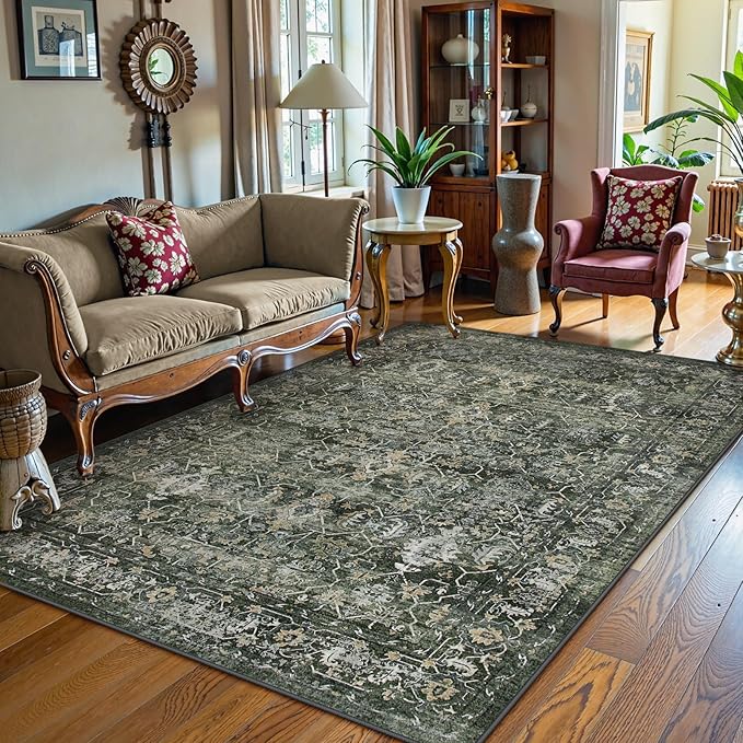 Lahome Washable Area Rugs 5x7 Green Rugs for Living Room,Boho Rug for Bedroom,Dining Room Carpet for Under Table, Distressed Non Slip Low Pile Carpet for Indoor Home Office Nursery(5'x7',Green)