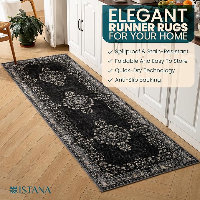 Istana Hallway Runner Rug 2.5x8 - Black Kitchen Rugs Non Slip Washable -Silk's Soft Touch Carpet Runner - Stylish Runner Rugs for Home
