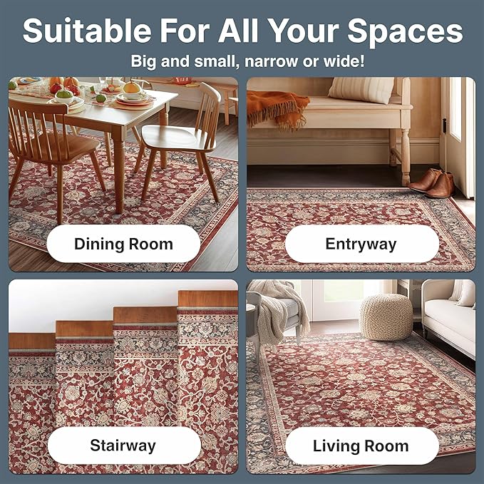 Well Woven Asha Rome Red 2'3" x 7'3" Runner Rug - Oriental Floral Pattern, Easy Clean, Floor-Friendly Backing - for Hallway, Entryway, and Kitchen