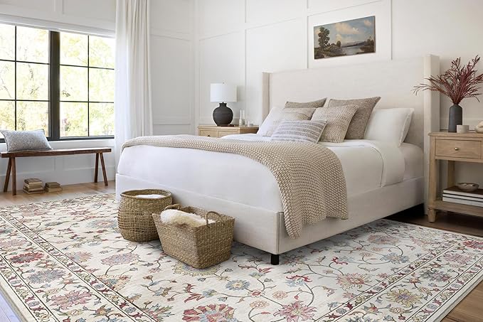 Area Rugs 9x12 Living Room - Large Washable Cream Boho Rugs for Bedroom Soft Vintage Rug Ultra-Thin Colorful Traditional Floral Carpet Farmhouse Rug for Dining Room Guest Room Home Decor