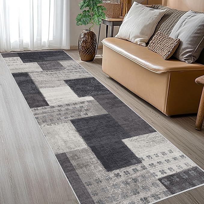 Modern Geometric Patchwork Indoor Runner Rug for Living Room, Charcoal 2'x 6' Rug Rockwood Collection Hardwood Floors Decor for Bedroom, Grey Throw Carpet for Office Entryway Dining Room