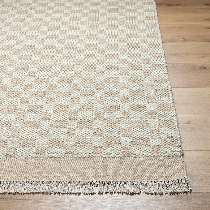 Mark&Day Wool Rugs, 2x8 Clinten Solid and Border Tan Runner Checkered Rug, Tan Ivory Carpet for Hallway, Kitchen, Bedroom or Living Room (2'6" x 8' Runner)